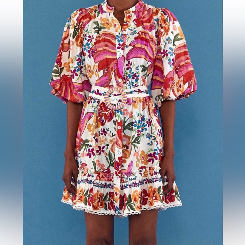 White Spring Bananas Belted Mini Dress